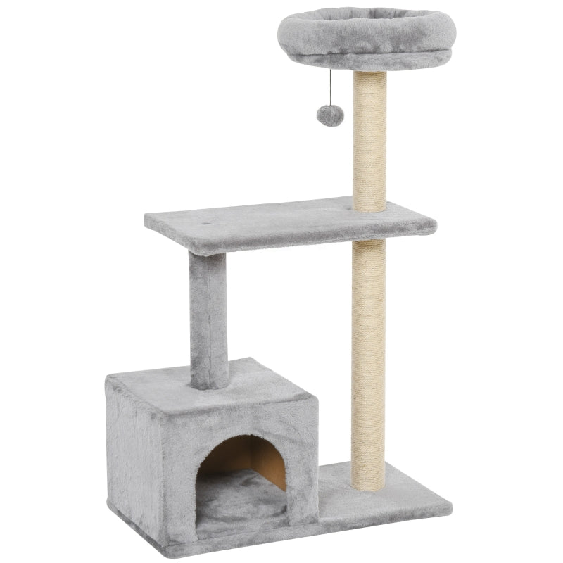 Grey Cat Tree Condo with Scratching Post and Dangling Ball