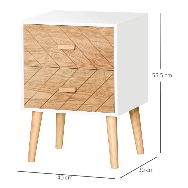 Natural Wood 2-Drawer Bedside Table with Pine Legs