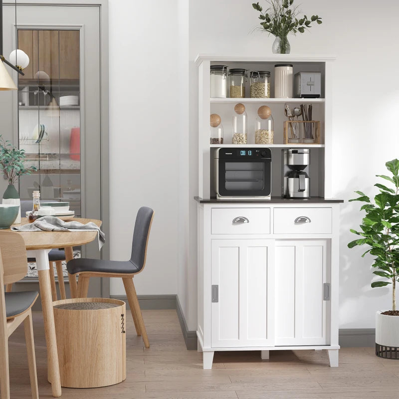 White Freestanding Kitchen Storage Cabinet with Sliding Doors and Shelves