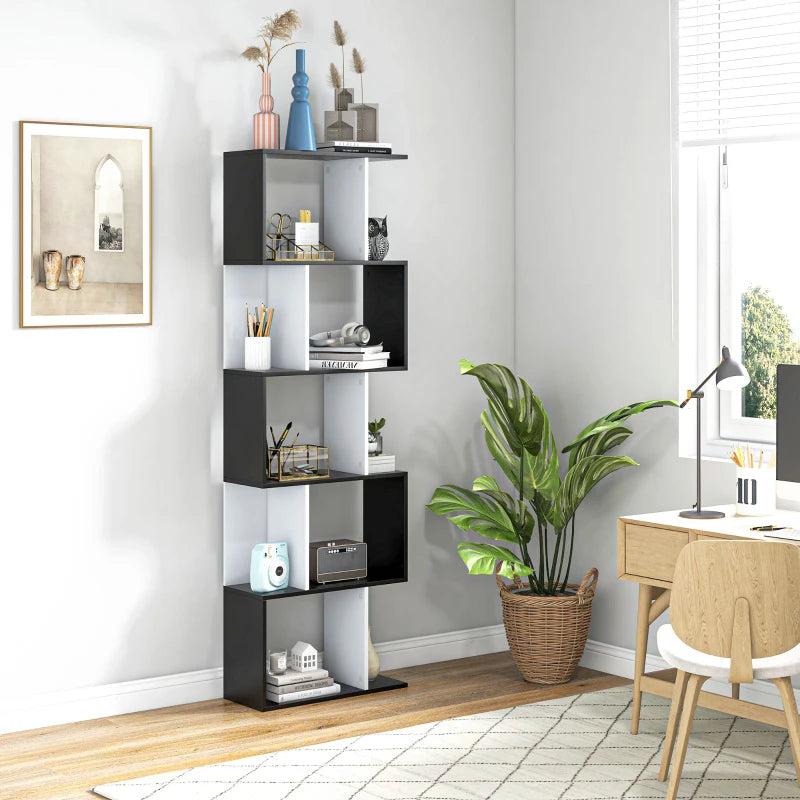 Black 5-Tier S-Shaped Bookcase Shelving Unit