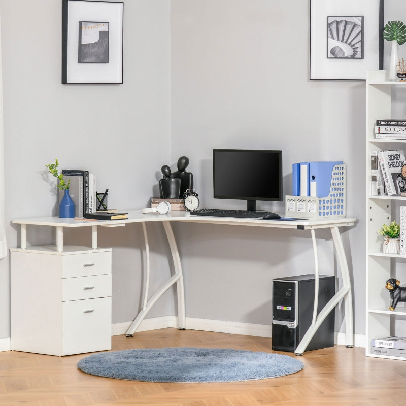 White L-Shaped Home Office Desk with Storage Drawer - Industrial Style Corner Workstation