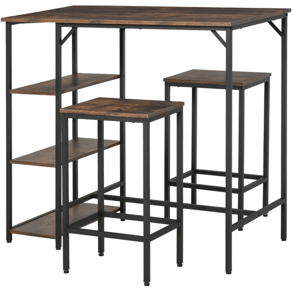 Industrial Bar Height Dining Table Set with 2 Stools & Side Shelf, 3-Piece Coffee Table - Black
