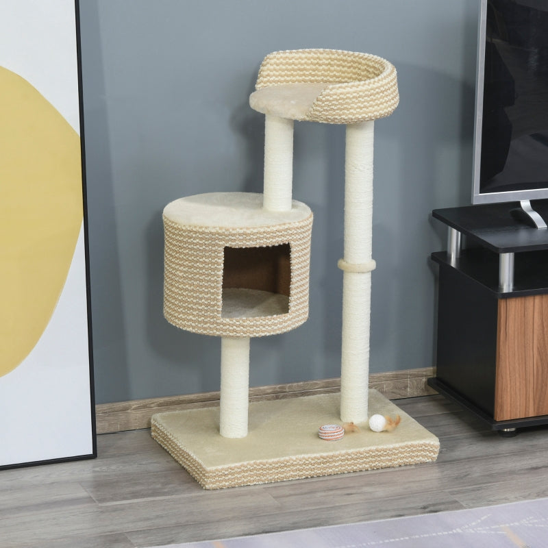 Beige Cat Tree Tower with Scratching Posts and Perch