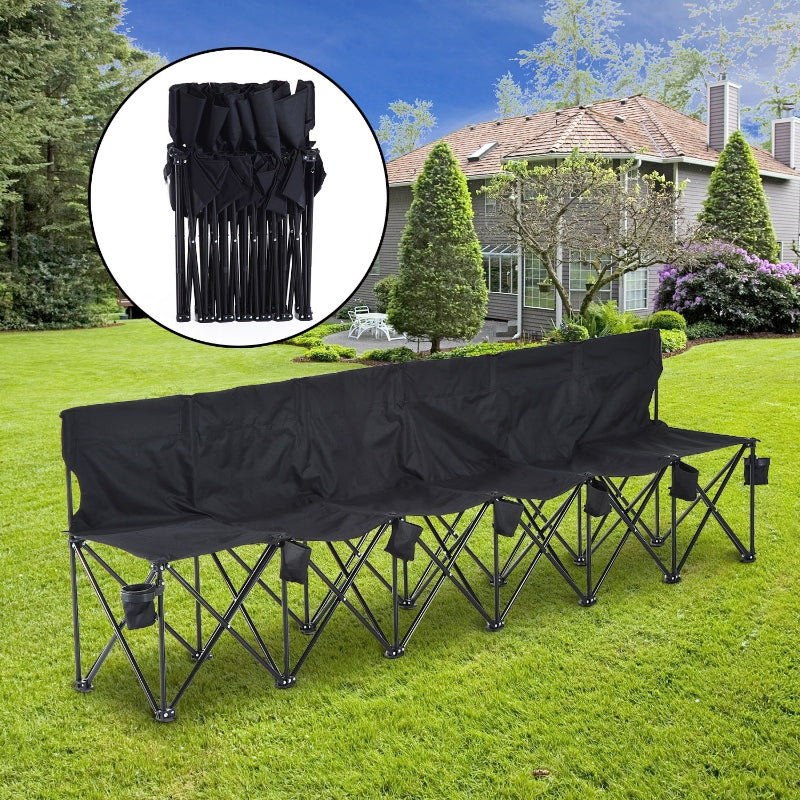 Black 6-Seater Folding Outdoor Bench with Cup Holder & Carry Bag