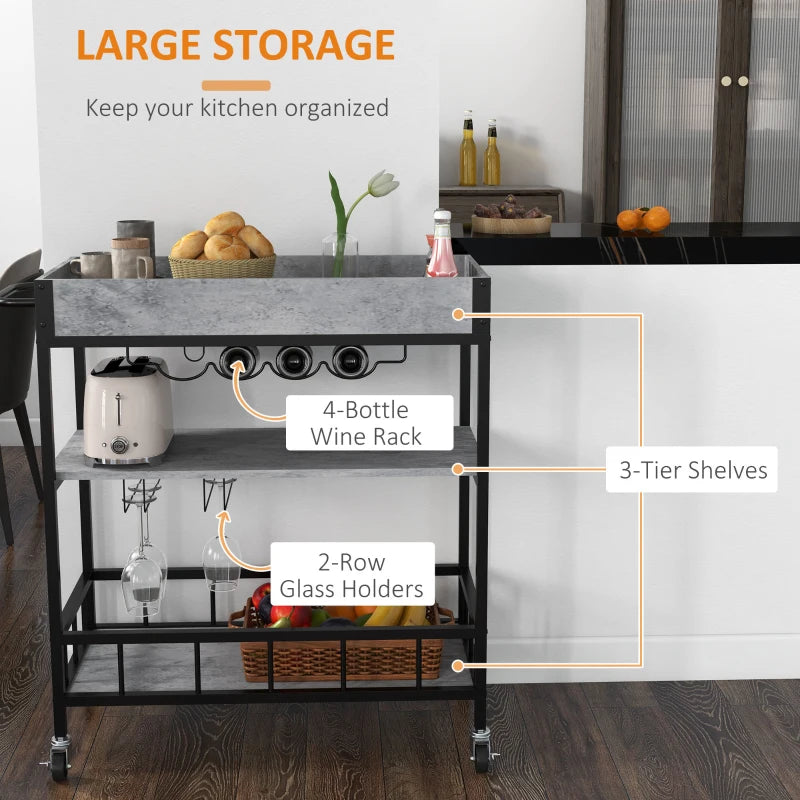 3-Tier Grey Kitchen Cart with Storage Shelves, Wine Racks, and Glass Holders