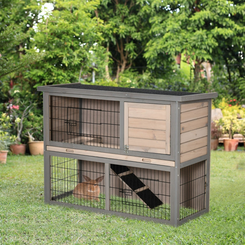 Brown 2 Tier Wooden Rabbit Hutch Guinea Pig House with Ramp and Outdoor Run - Small Animal Cage