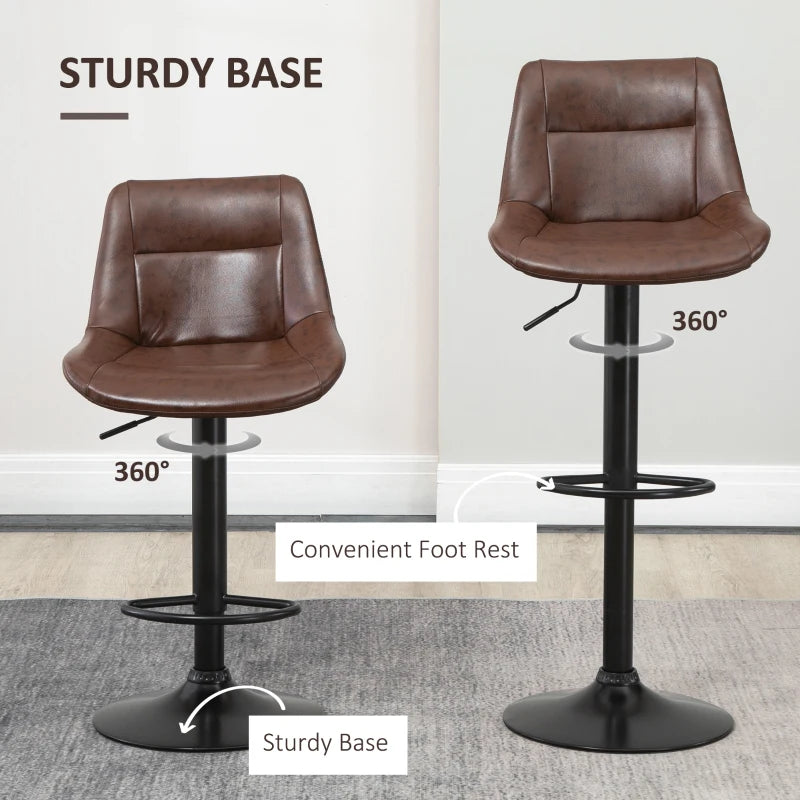 Brown Swivel Bar Stools Set of 2, Modern Kitchen Height Barstools in PU Leather