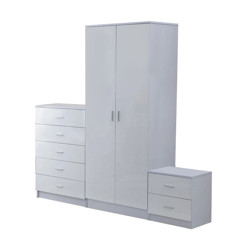 White High Gloss 3-Piece Bedroom Furniture Set: Wardrobe, Chest of Drawers, Bedside