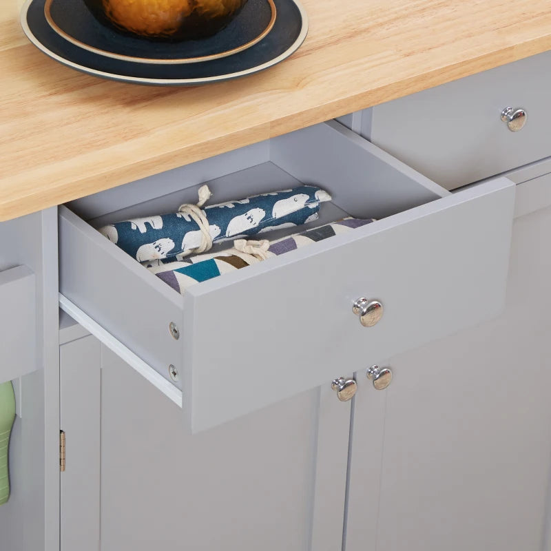 Grey Rolling Kitchen Island Cart with Rubber Wood Top and Storage