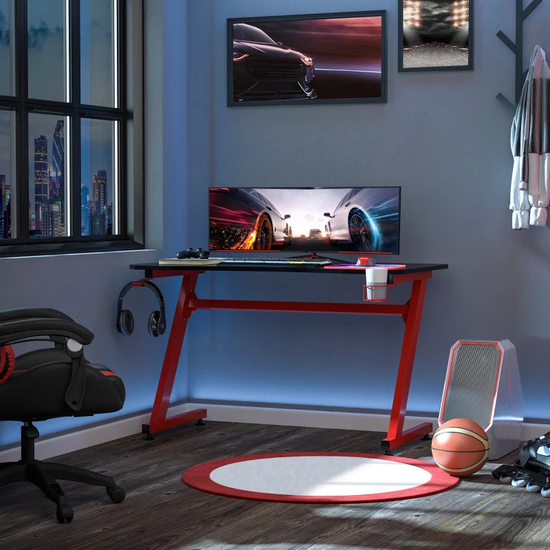 Red Gaming Desk with Cup Holder and Cable Organizer