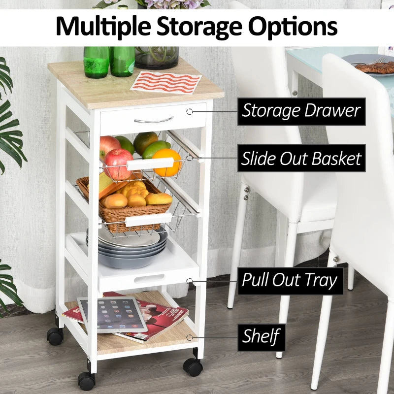 White Rolling Kitchen Island Trolley with Metal Baskets and Shelves