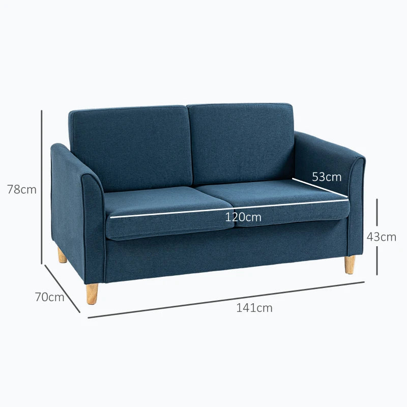 Blue Modern 2 Seater Loveseat Sofa with Wood Legs and Armrests