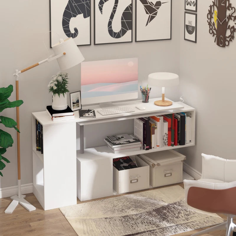 White L-Shaped Rotating Corner Desk with Storage Shelf - Home Office Workstation