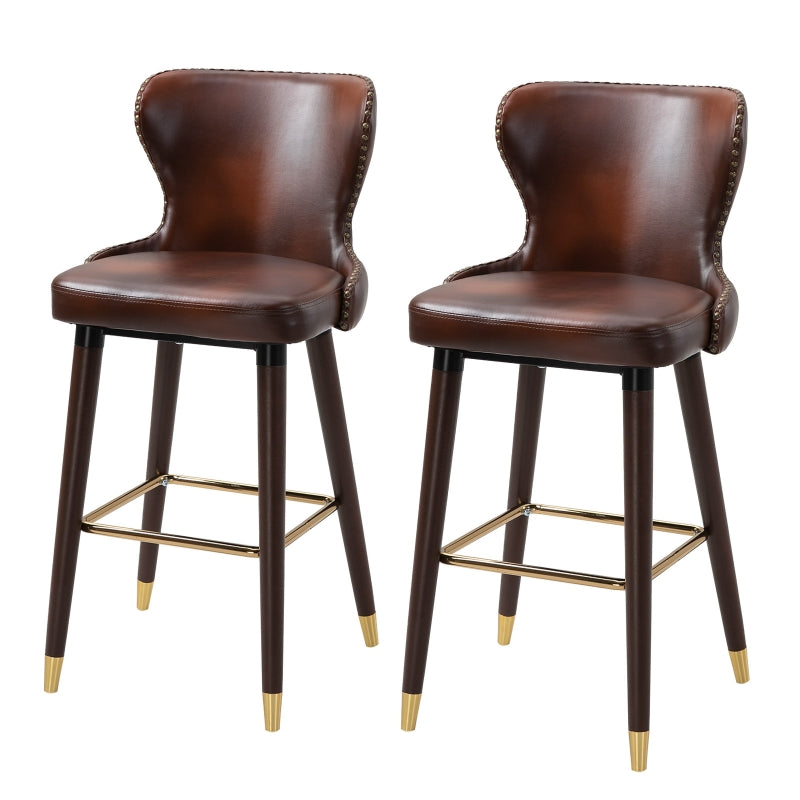 Brown PU Leather Bar Stools Set of 2, Retro Kitchen Chairs with Wingbacks and Footrest