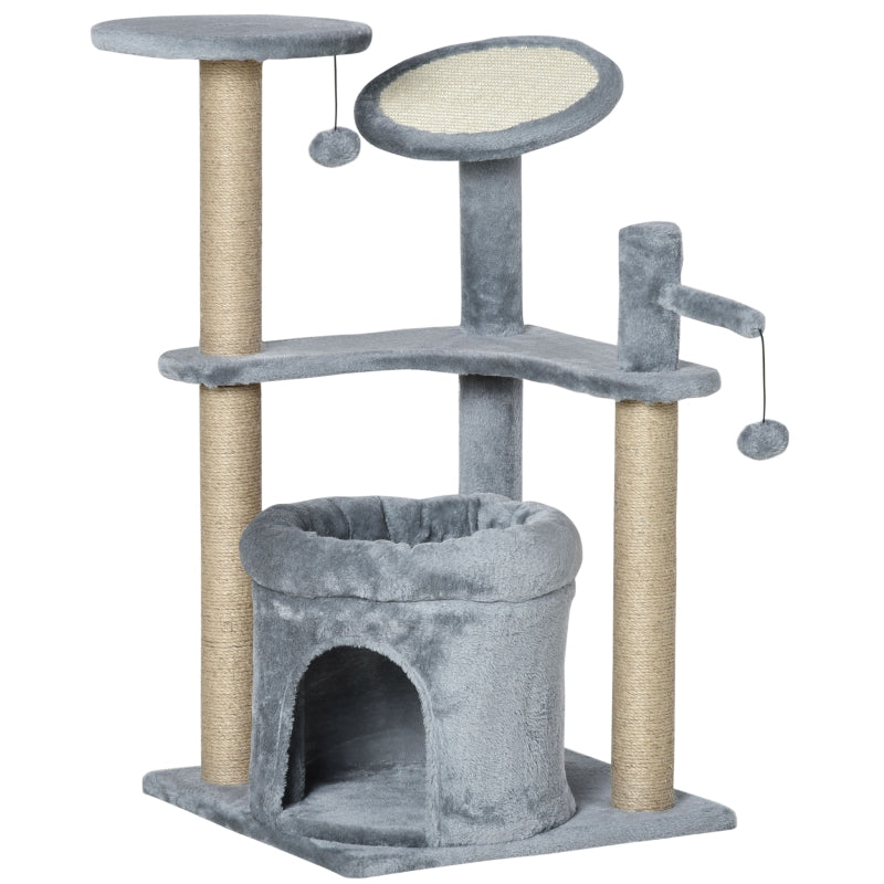 Grey Cat Tree Tower with Scratching Posts and Plush Perches