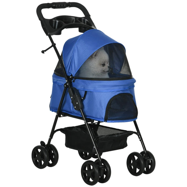 Blue Pet Stroller with Canopy and Storage - Foldable Dog Cat Pushchair