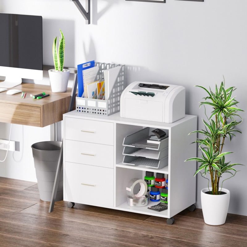 White Printer Stand with Wheels, 3 Drawers, 2 Shelves - Modern Office Storage Unit