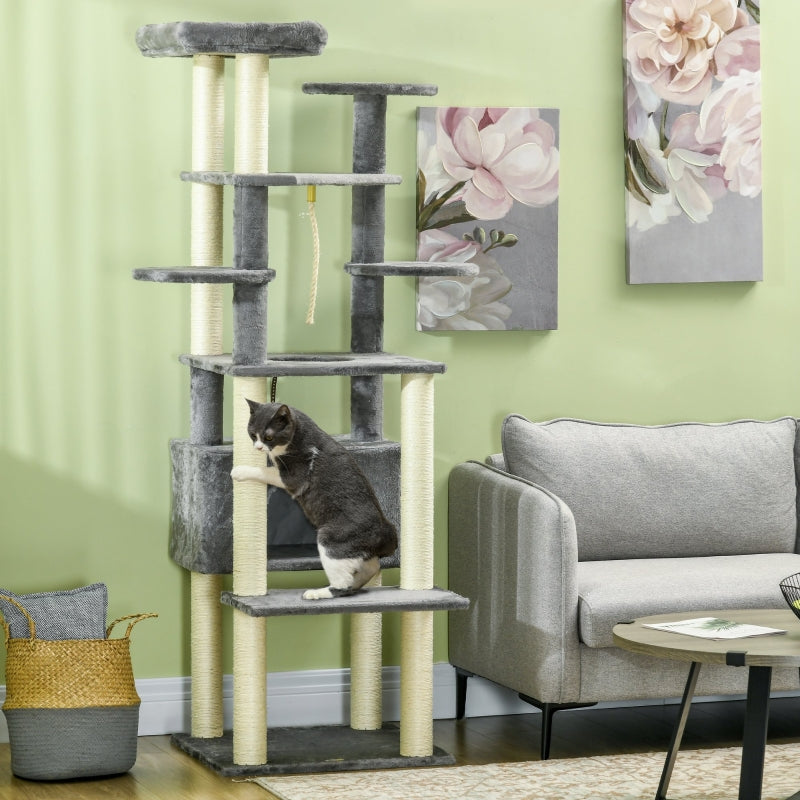 Modern Grey Cat Tree with Bed, Perches, Scratching Posts - 184cm