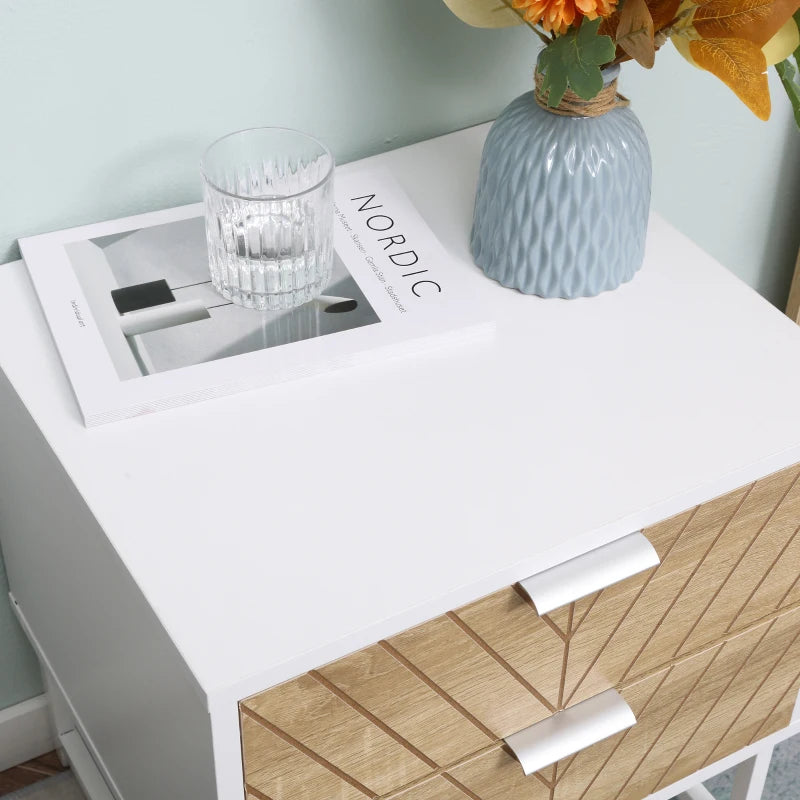 Modern White and Oak 2-Drawer Bedside Table with Metal Frame