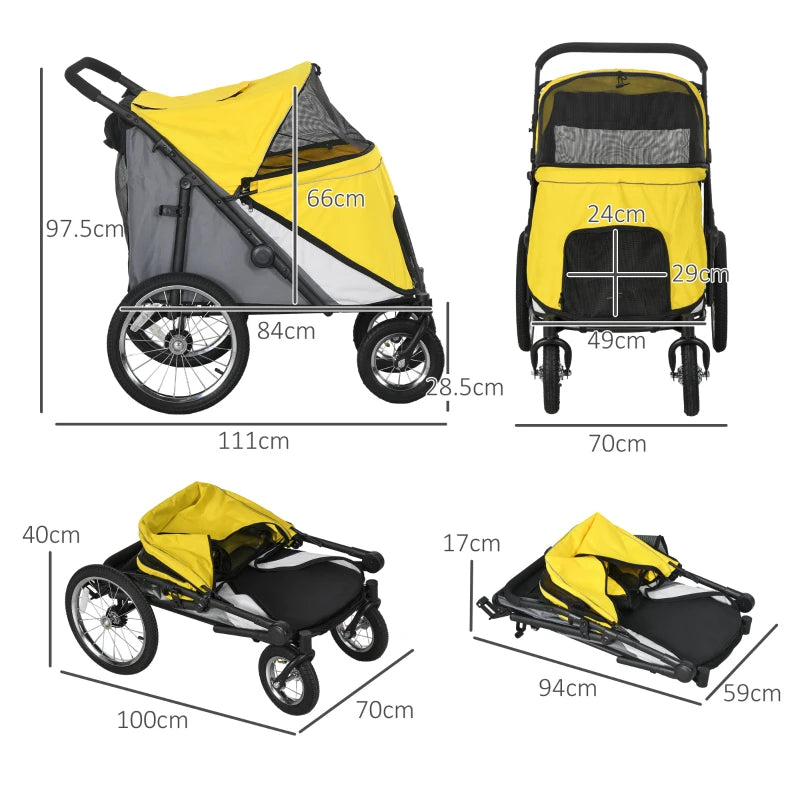 Yellow Foldable Pet Stroller with Washable Cushion & Storage Bags