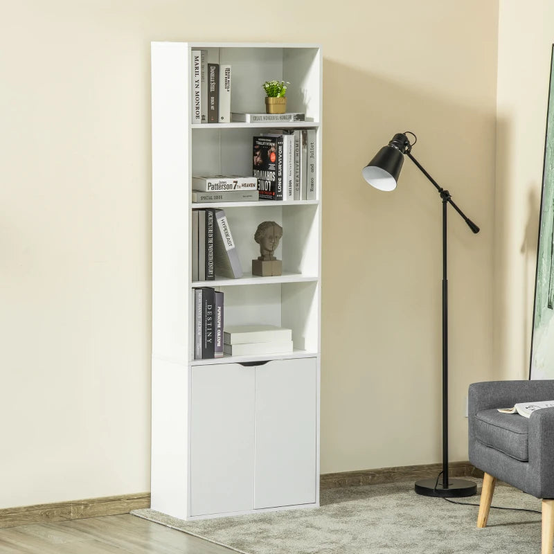 White 6-Tier Tall Bookcase with Double Door Storage Cabinet, 59 x 29 x 180cm