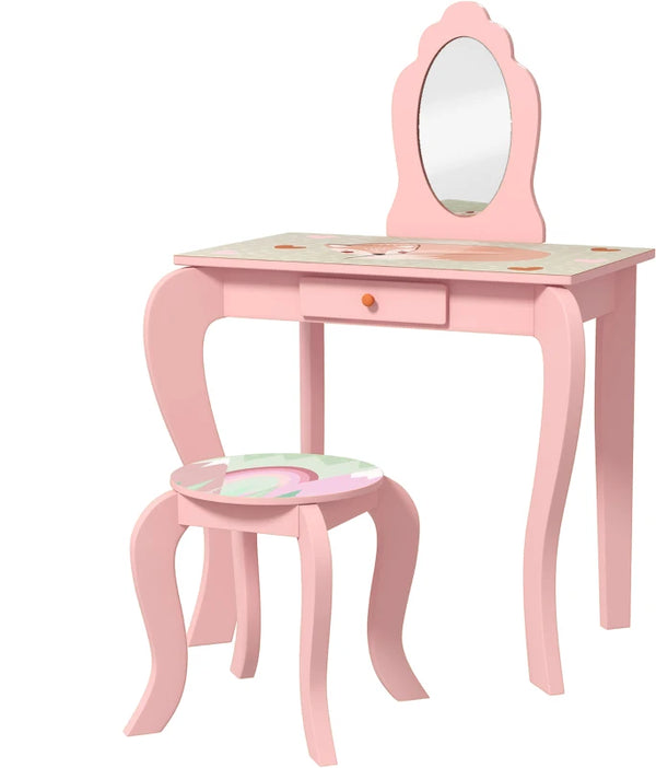 Kids Pink Dressing Table Set with Mirror, Stool, Drawer - Cute Animal Design