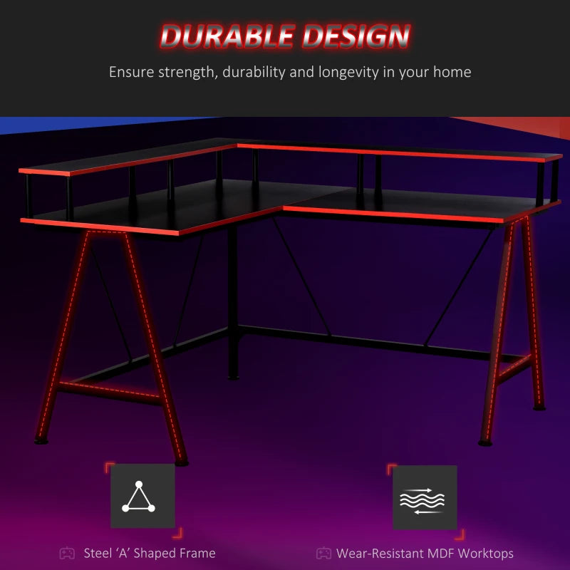 Black and Red L-Shaped Gaming Desk with Monitor Stand