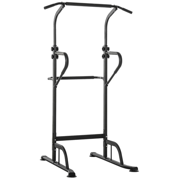 Black Power Tower Dip Station Pull Up Bar - Adjustable Height Home Gym Equipment