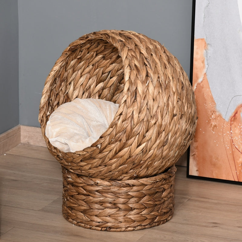 Brown Wicker Cat Bed with Raised Rattan Basket & Washable Cushion - 50 x 42 x 60 cm