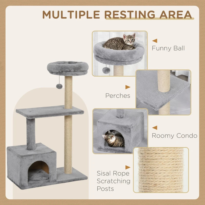 Grey Cat Tree Condo with Scratching Post and Dangling Ball