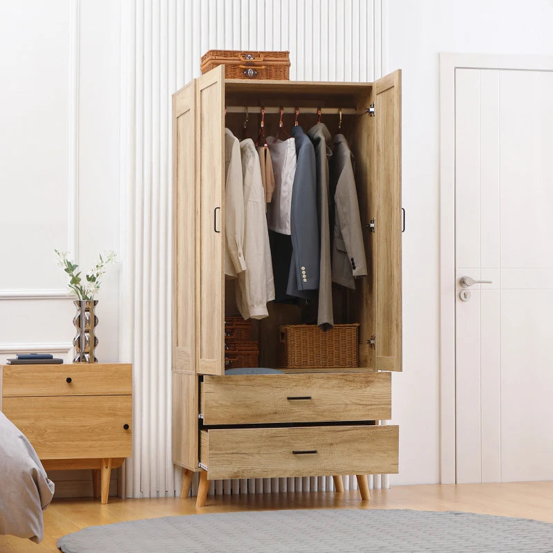 Natural 2-Door Wardrobe with Drawers and Hanging Rail for Bedroom