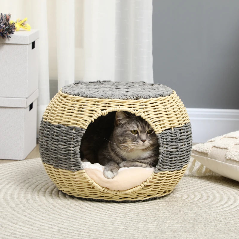 Rattan Wicker Cat Bed, Cozy Kitten Cave, Grey, Washable Cushion, 40x30cm