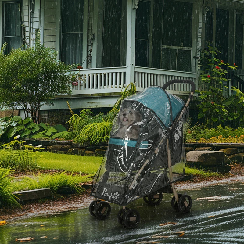 Dark Green Pet Stroller for Small Dogs with Rain Cover