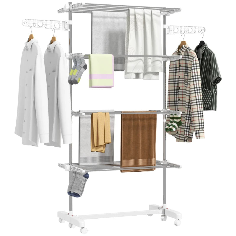 White 4-Shelf Folding Clothes Drying Rack with Side Arms and Wheels