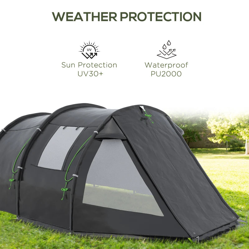 Black 3-4 Person Tunnel Camping Tent with Windows and Covers