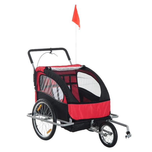 Red 2-Seater Collapsible Bike Trailer & Child Stroller with Pivot Wheel