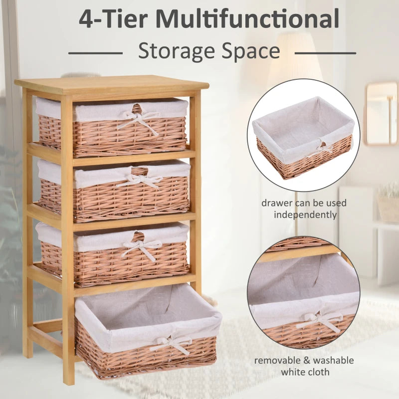 4-Drawer Wicker Basket Storage Unit - Natural Wood Finish