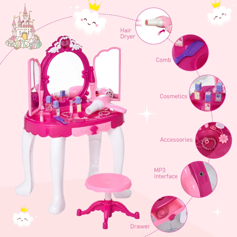 Fuchsia Kids Vanity Dressing Table Set with Lights and Music