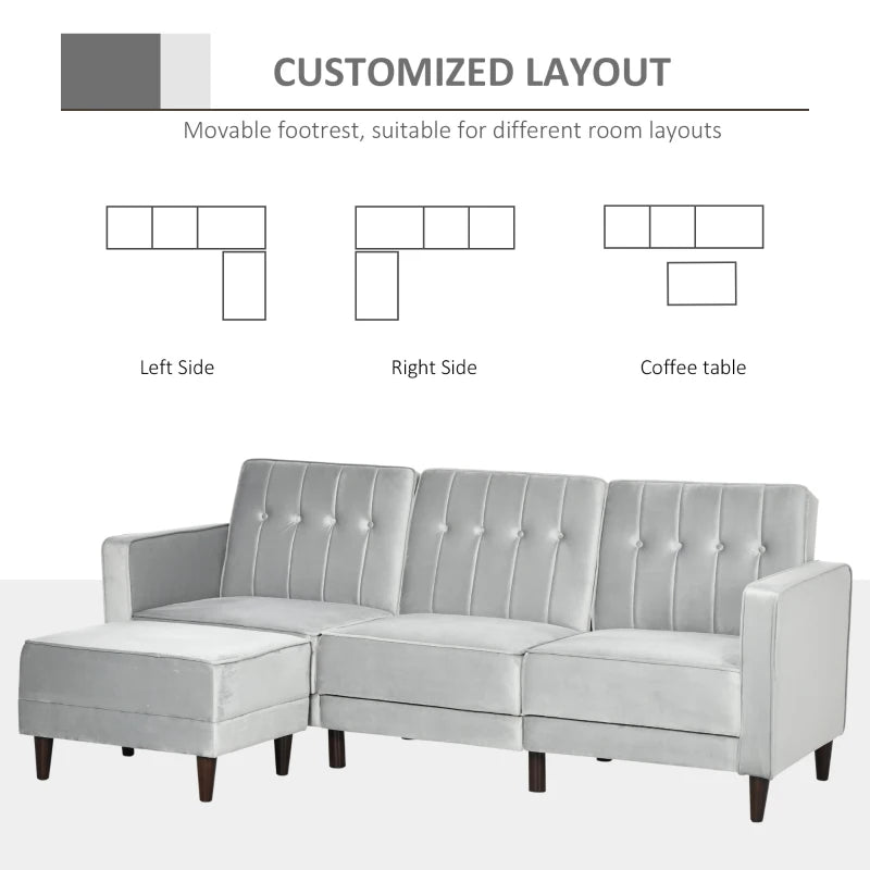 Light Grey L-Shaped Sofa Bed Set with 3-Seater Sofa and Footstool