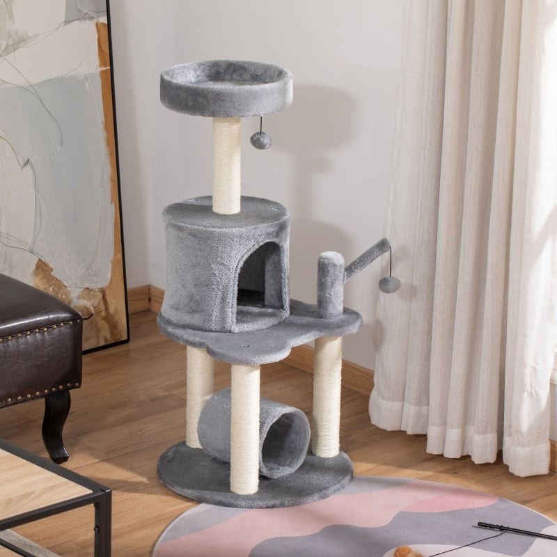 Grey Cat Climbing Tower with Scratching Post and Bed