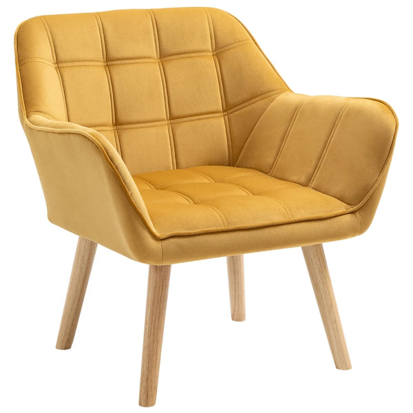Yellow Armchair with Wide Arms and Slanted Back - Iron Frame, Wooden Legs