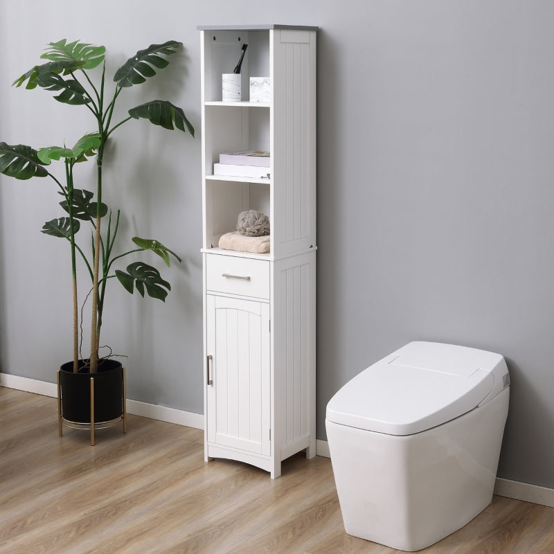 White Tall Bathroom Storage Cabinet with 3 Tier Shelf & Drawer