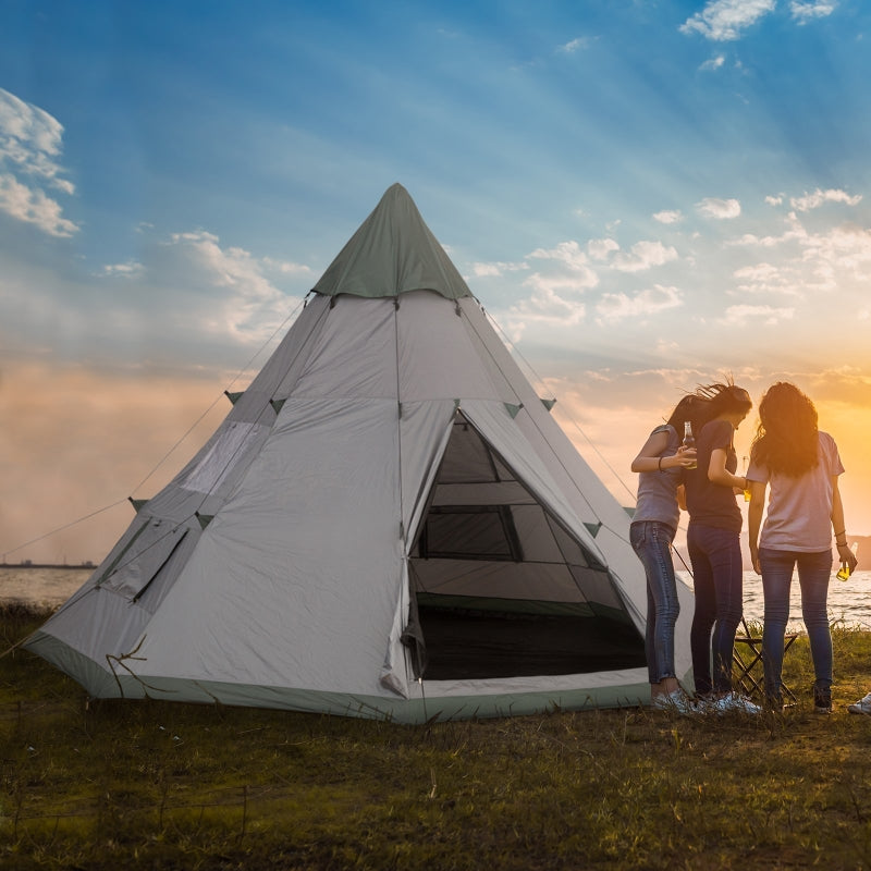 Gray 6-Person Teepee Camping Tent with Mesh Windows and Carry Bag