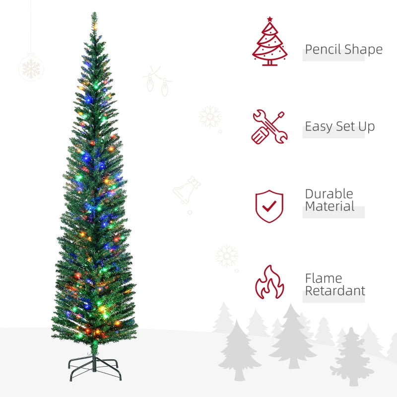 7.5' Pre-lit Christmas Tree with Colourful LED Lights, Pencil Shape, Steel Base