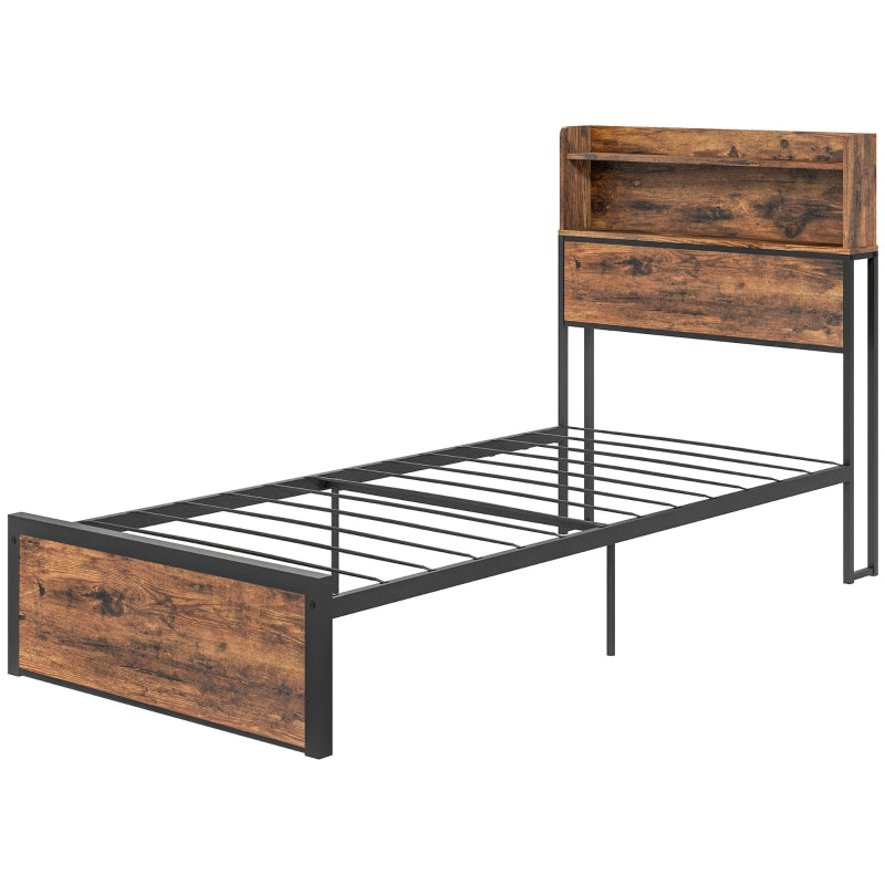 Rustic Brown Steel Single Bed Frame with Storage, 3.1FT