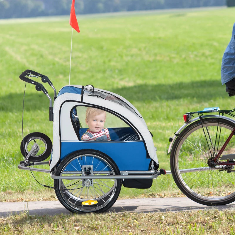 Blue 2-Seater Bike Trailer for Baby and Child with Canopy & Storage