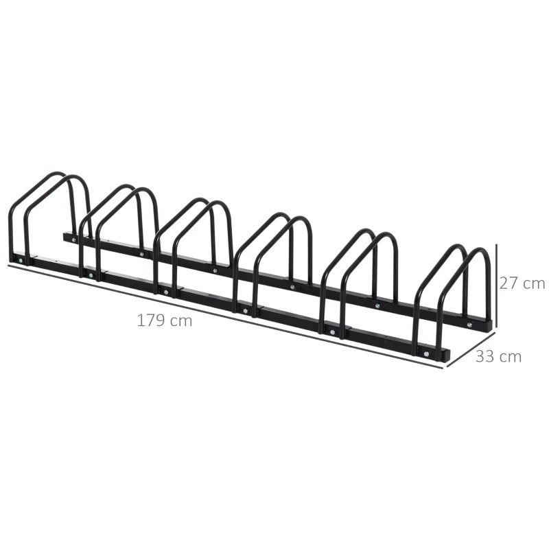 Black Bike Parking Rack for Floor or Wall Mount - 6 Racks, 179L x 33W x 27H