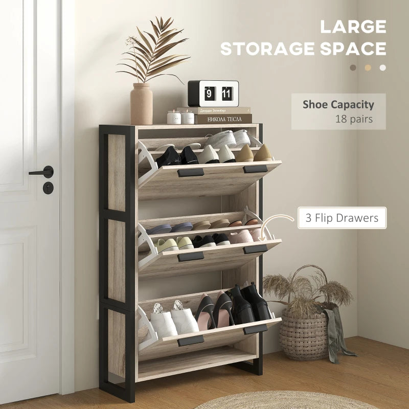 Narrow Shoe Storage Cabinet - Natural Wood-Effect - 18 Pairs