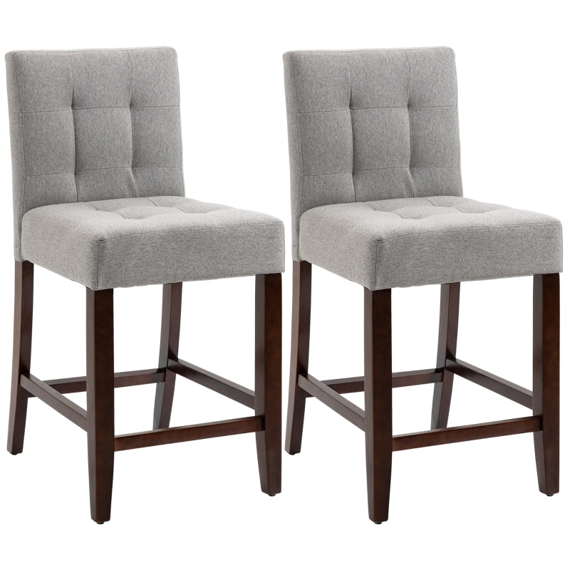 Grey Fabric Bar Stools Set of 2, Tufted Back, Wood Legs