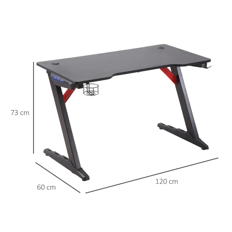 Black LED Gaming Desk with Z-Shaped Design and Storage Features